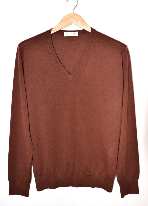 Maglia con Scollo a V in Lana Mercerizzata e Cashmere – Marrone