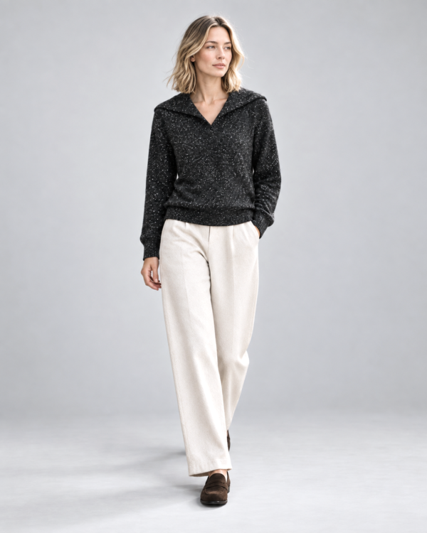 Maglia donna con collo a polo in lana merino e cashmere – Nero mélange