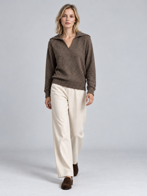 Maglia donna con collo a polo in lana merino e cashmere – Marrone mélange