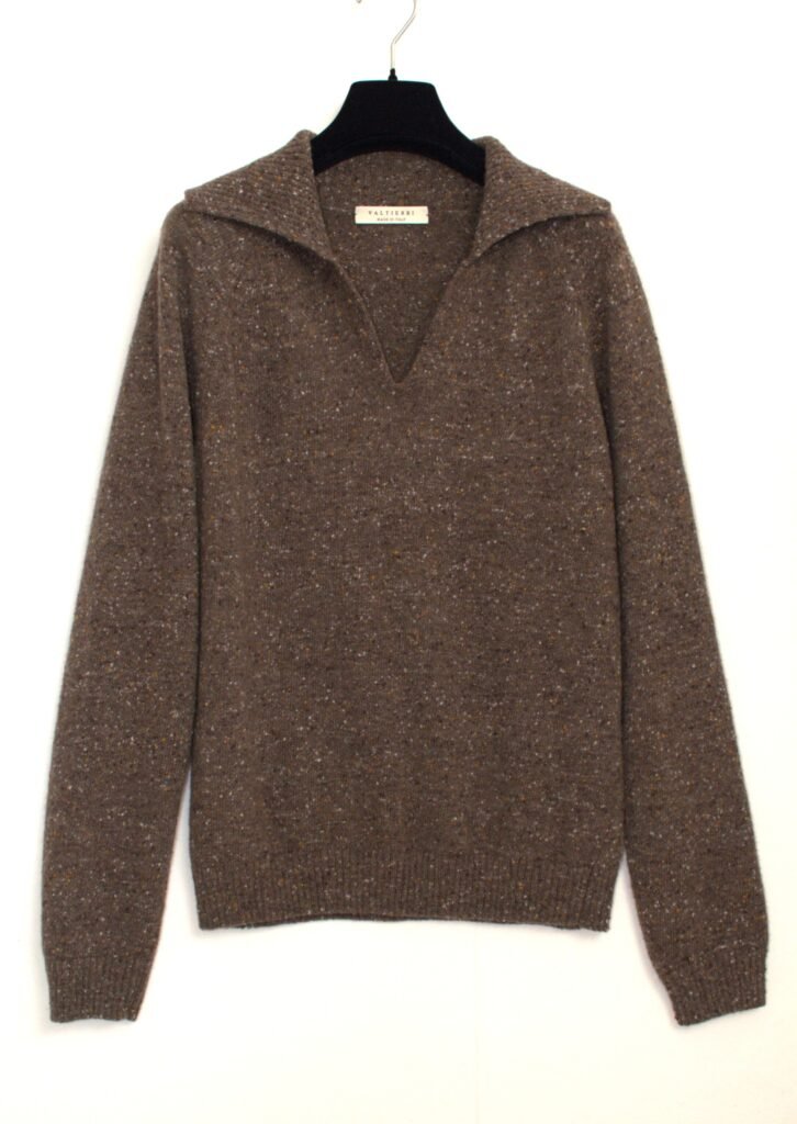 Maglia donna con collo a polo in lana merino e cashmere – Marrone mélange