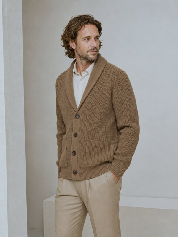 Cardigan in lana con collo sciallato