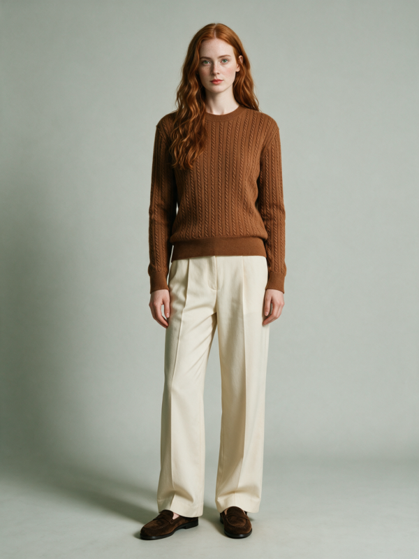 Maglia Girocollo in Cashmere a Trecce –Marrone