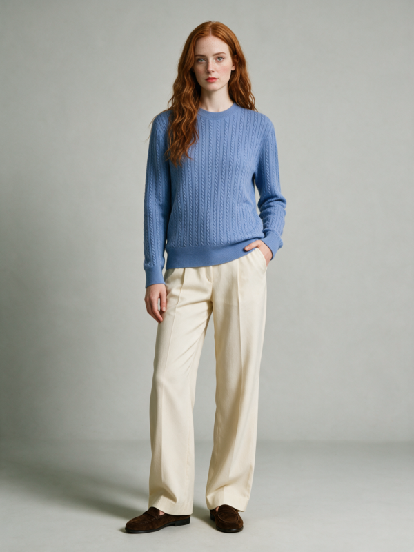 Maglia Girocollo in Cashmere a Trecce – Azzurro
